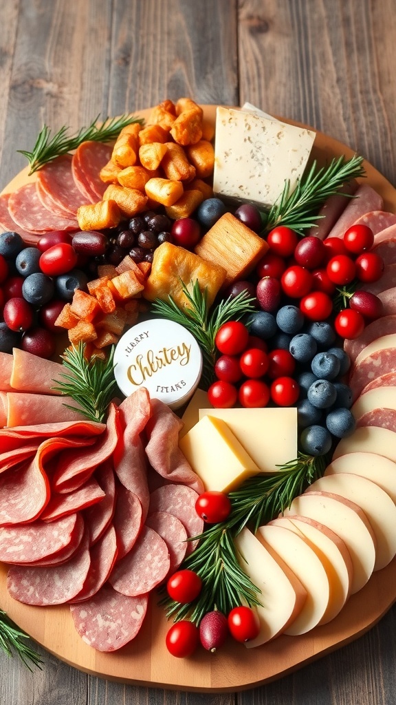 A festive charcuterie board with meats, cheeses, fruits, and holiday decorations.